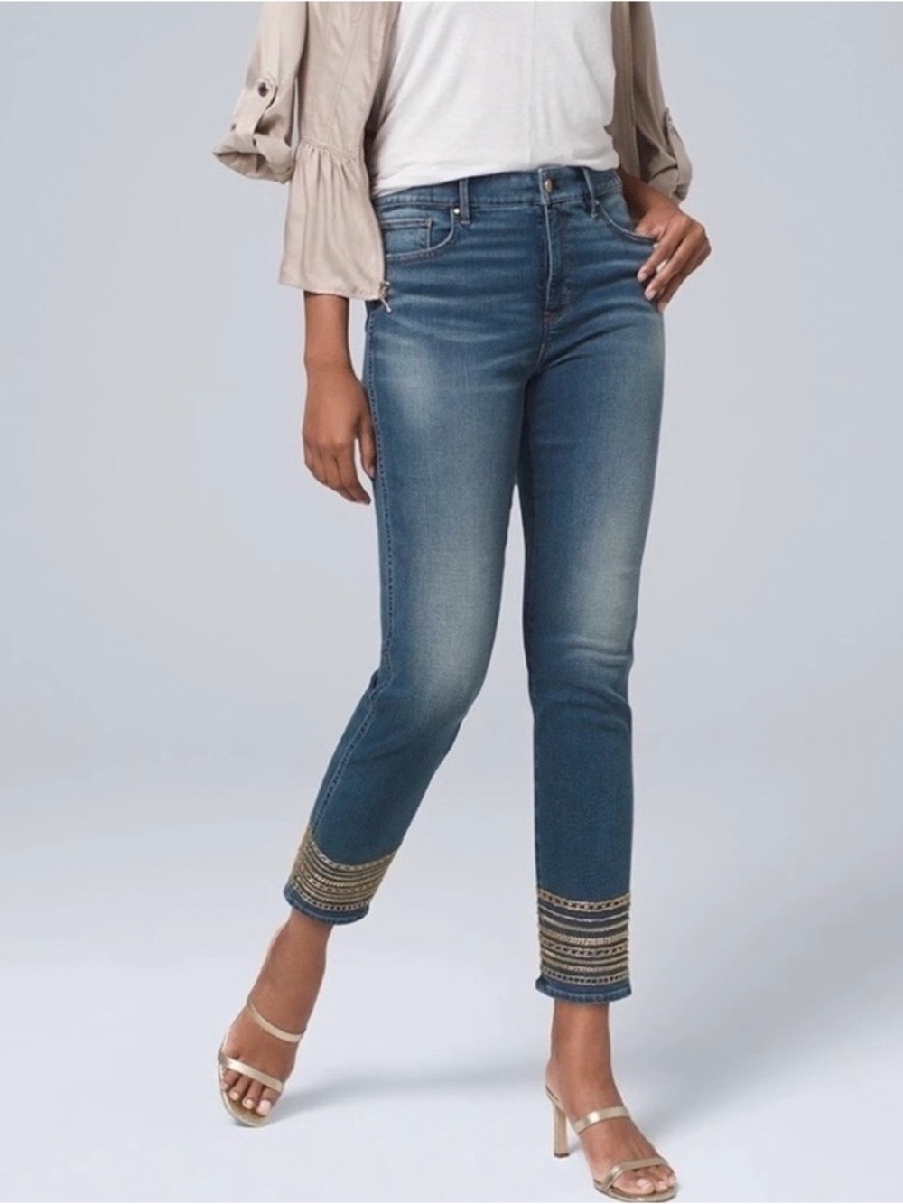 White House Black Market Mid-Rise Beaded Hem Crop Jeans Sz 8